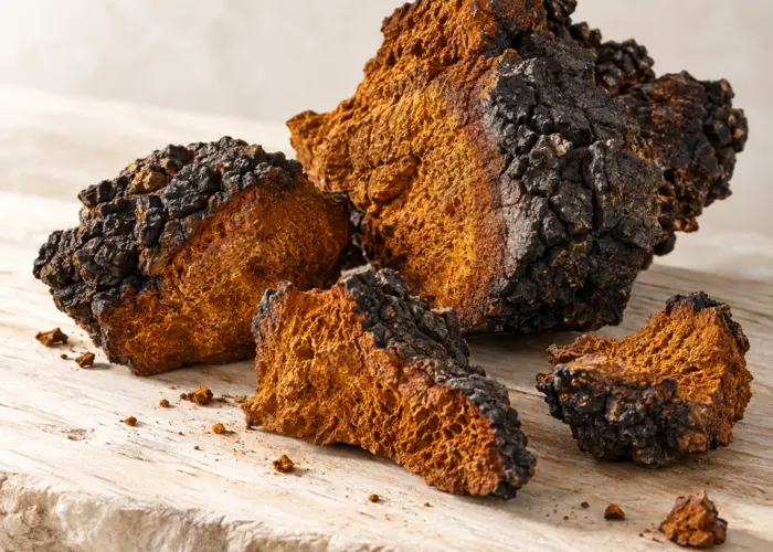 Morceaux de champignon chaga sur une pierre