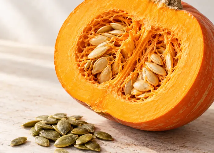 Courge coupée et graines décortiquées